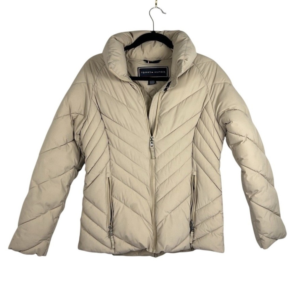 Tommy Hilfiger Women's Beige Quilted Puffer Jacket Small Zip Coat Missing Hood